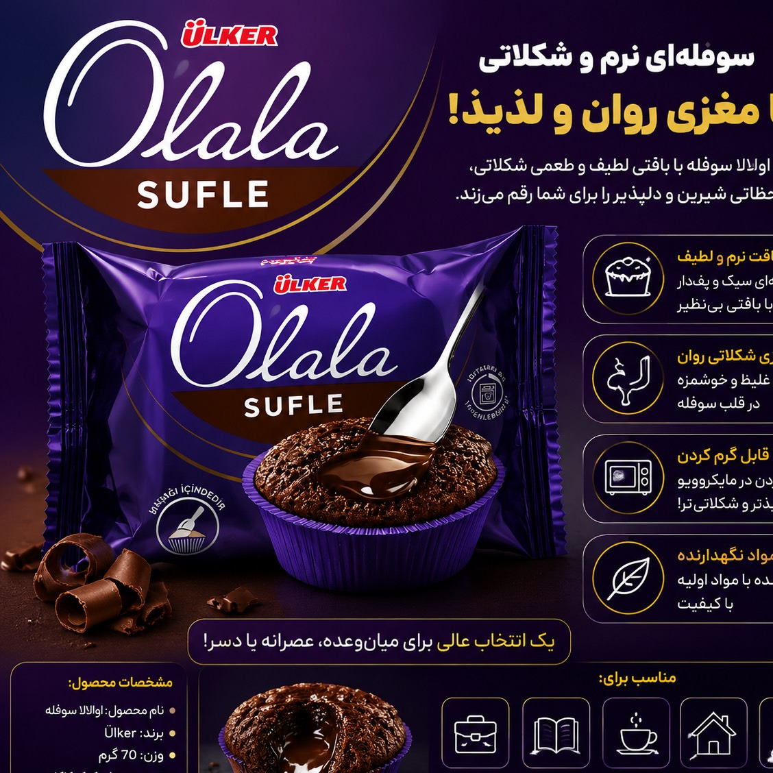 کیک سوفله شکلاتی مغزدار اولالا قاشقی